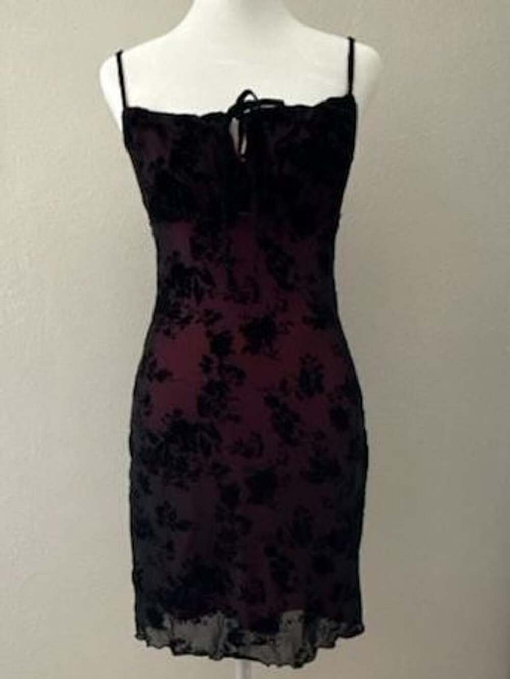 Y2K Velvet Burnout Milkmaid Floral Black And Burgundy Mini Dress
